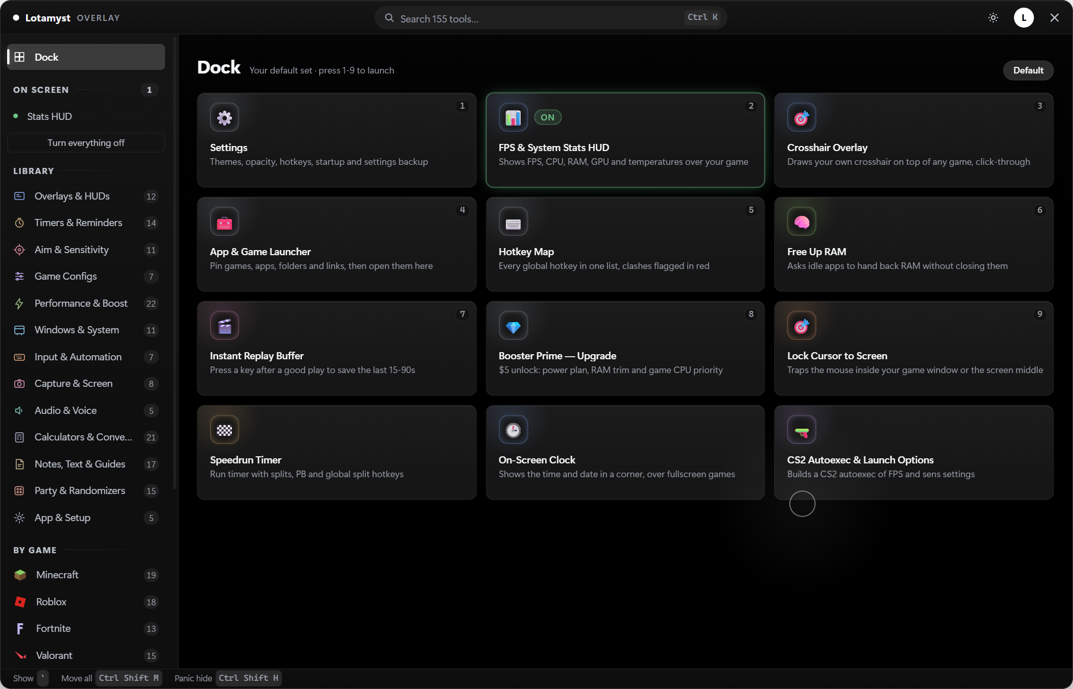 Crosshair overlay panel — style, size and color controls beside a big live preview