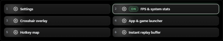 The overlay's dock: six numbered tools in a grid, the stats HUD marked on