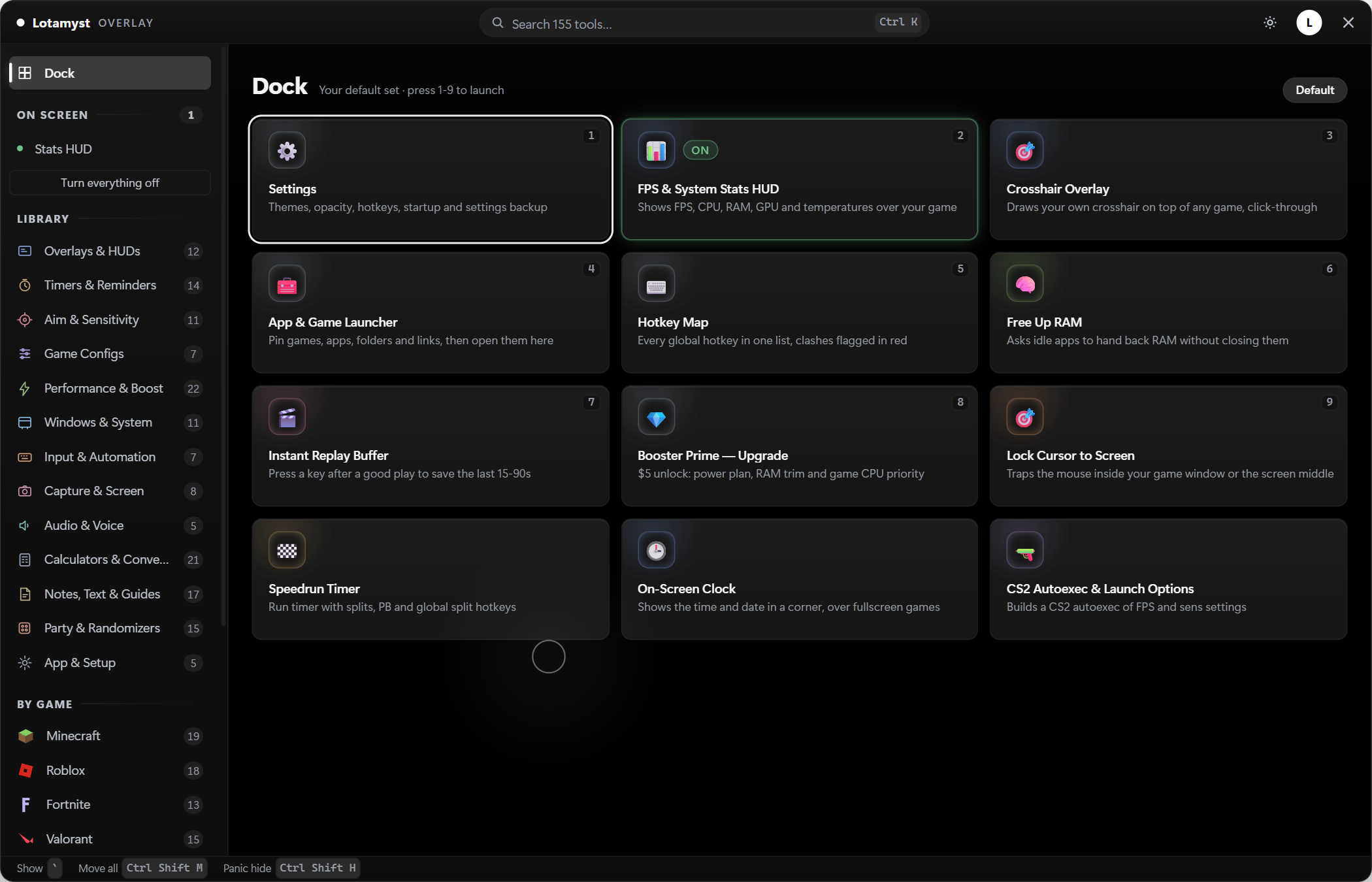 The Lotamyst Overlay menu — search bar, your games in the sidebar, pinned and recent tools
