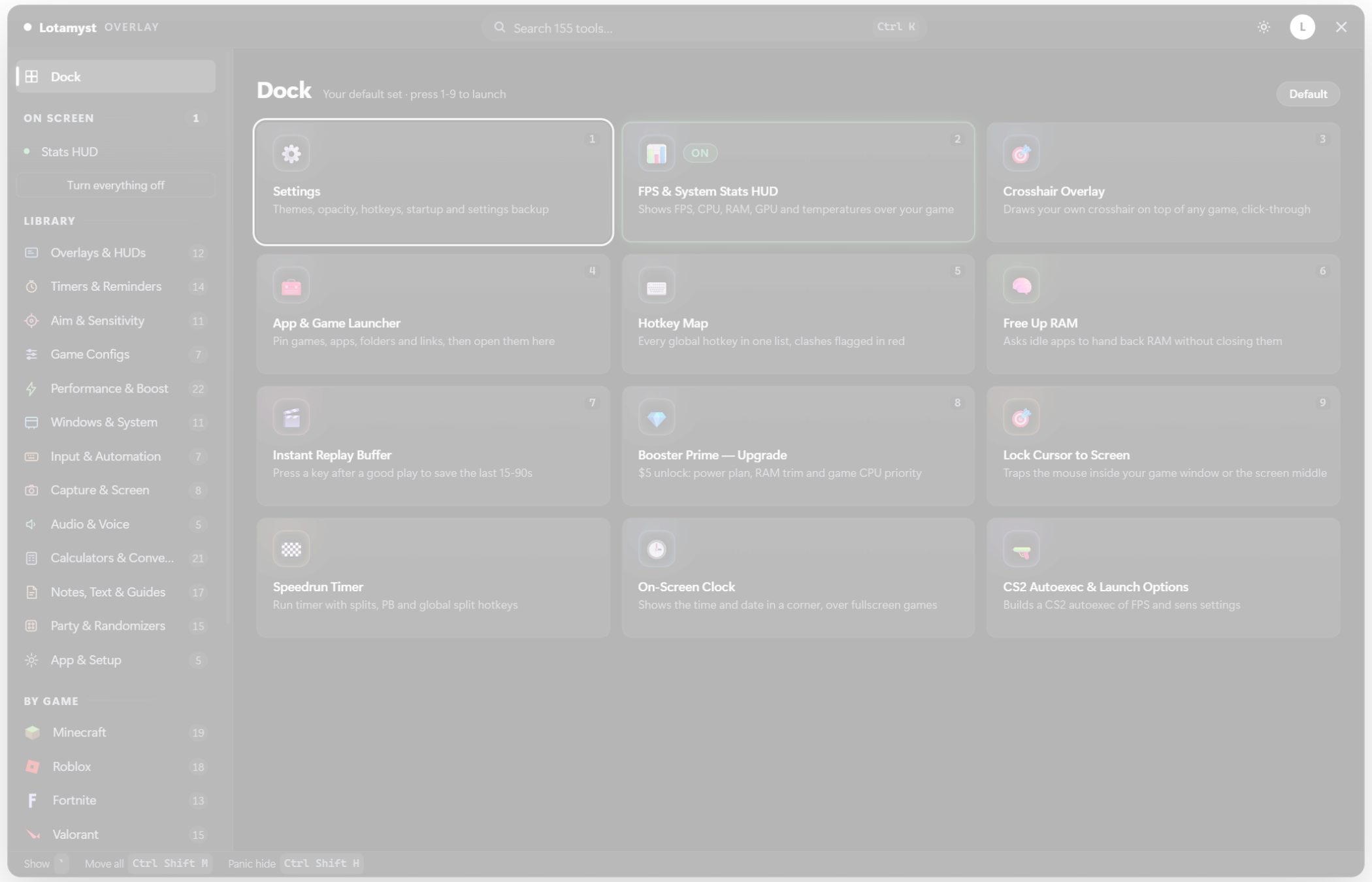 Stats HUD tool with FPS, 1% lows, CPU and GPU readout configuration